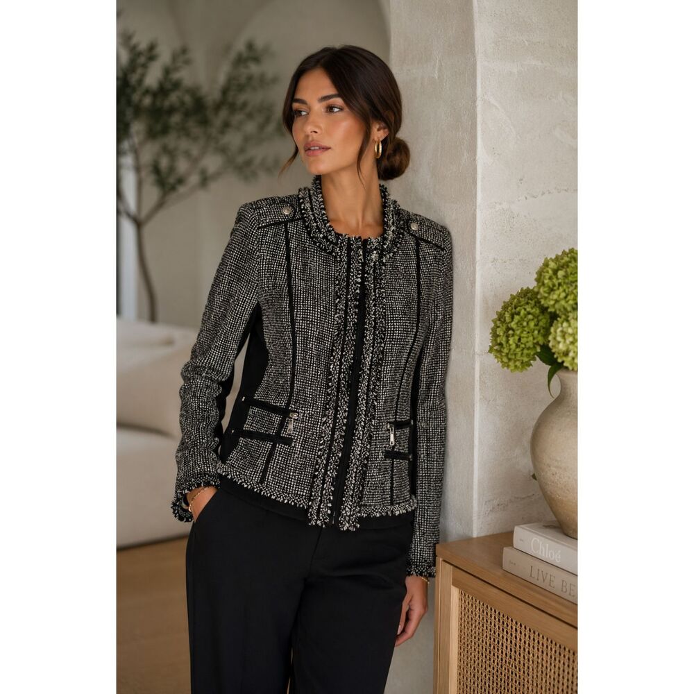 WHBM Tweed Blazer Jacket Size 10 Black White Fringe Zip Career Quiet Luxury